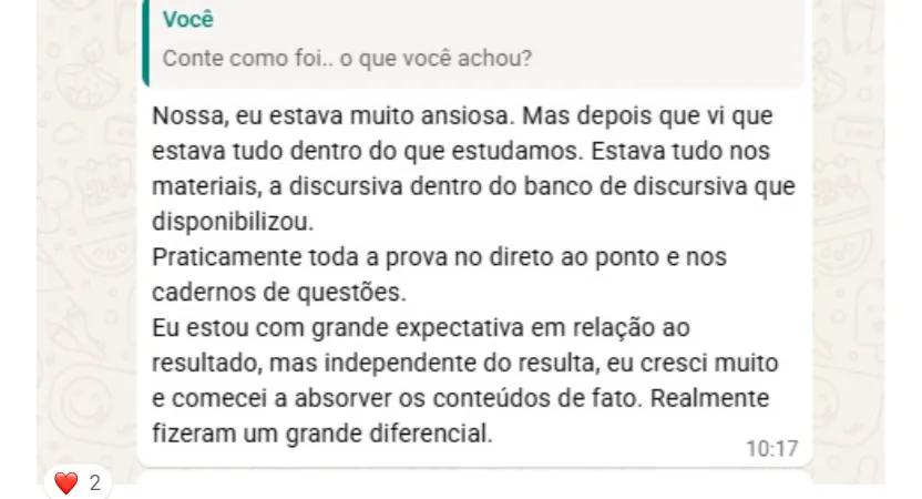 Depoimento real da aluna Laís após a prova